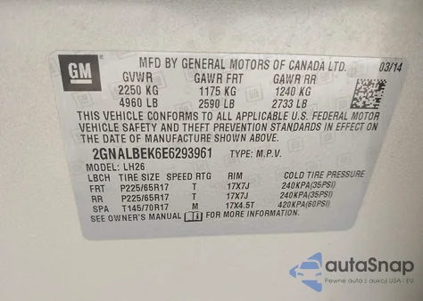 2014 Chevrolet Equinox 1Lt z USA, uszkodzony, nr VIN 2GNALBEK6E6293961